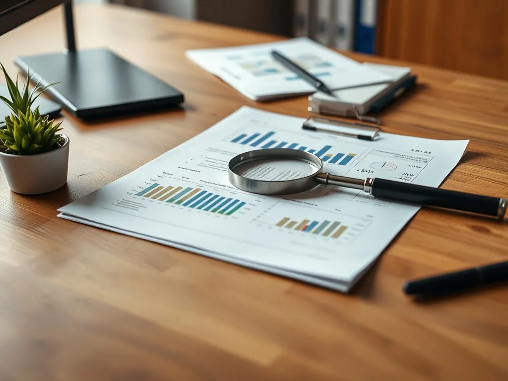 Detailed technical report on a wooden desk with a magnifying