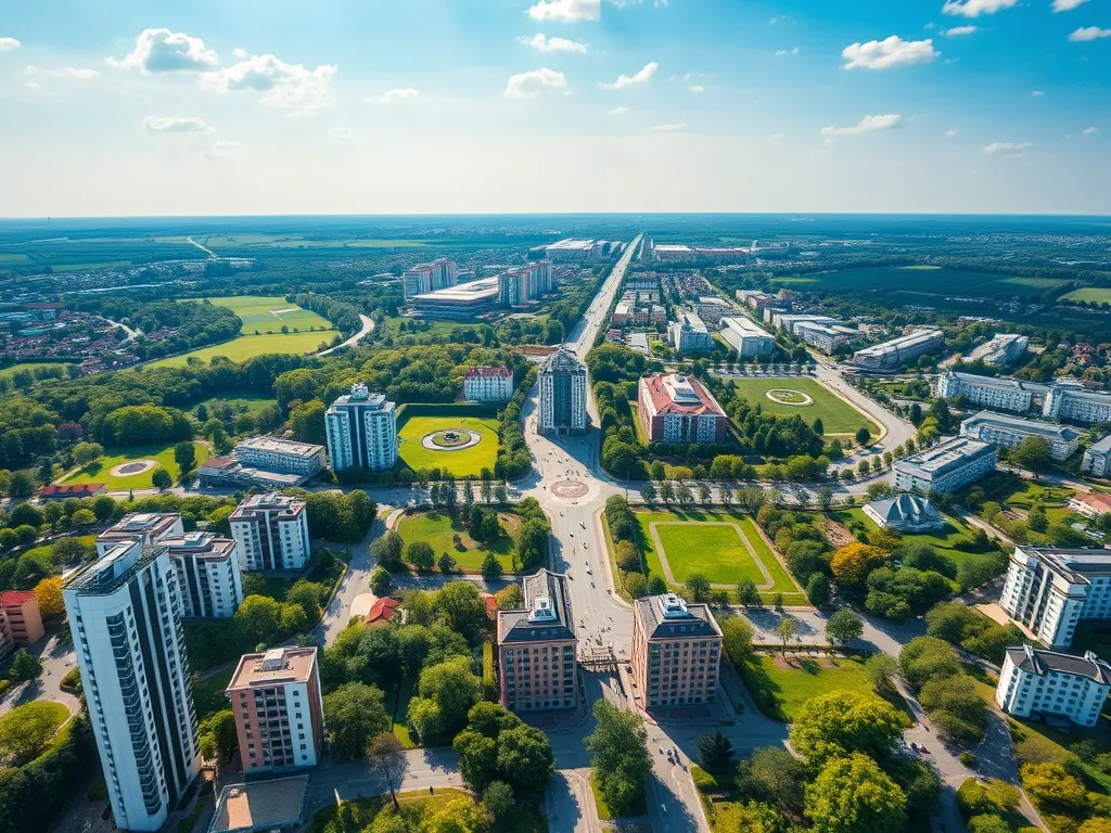 Aerial view of Bialystok city with lots of green parks and m