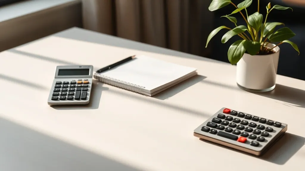 A minimalist office desk with a calculator, a notebook and a