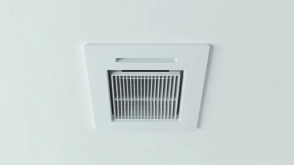 Modern ventilation system vent on a white ceiling, minimalis