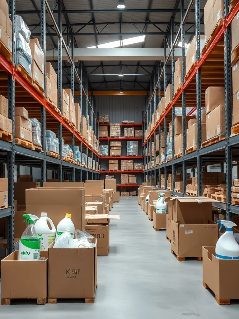 A clean, organized warehouse with eco-friendly cleaning supp